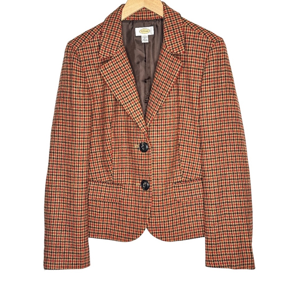 Talbots Houndtooth Brown Tan Red Plaid One Button 100% Wool Fall Jacket Blazer